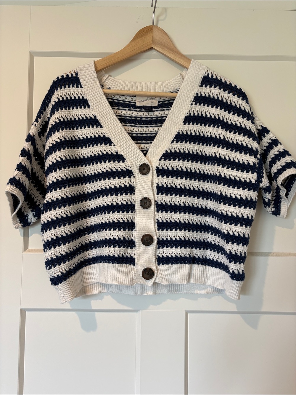 Universal Thread Navy and White Cropped Striped Button-Front Top